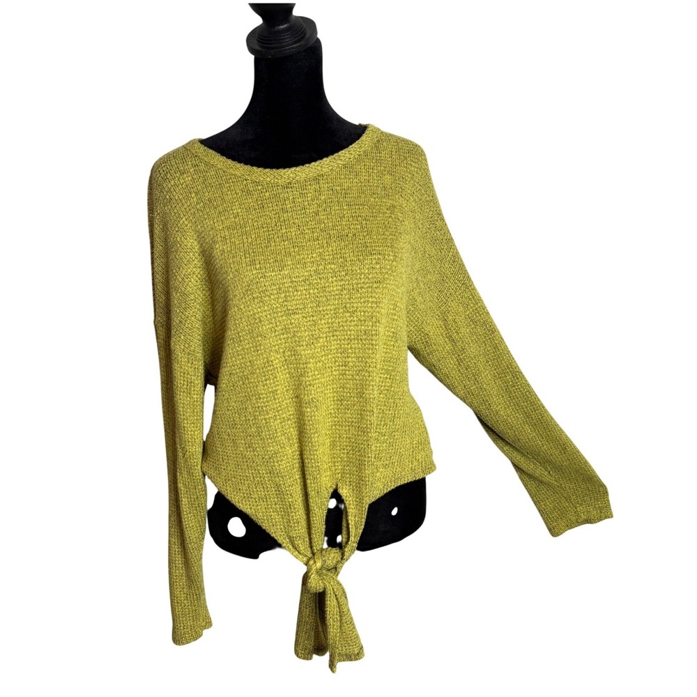 Lazy Sundays Front Tie Open Knit Top Size S Green Long Sleeve BOHO Knot Front